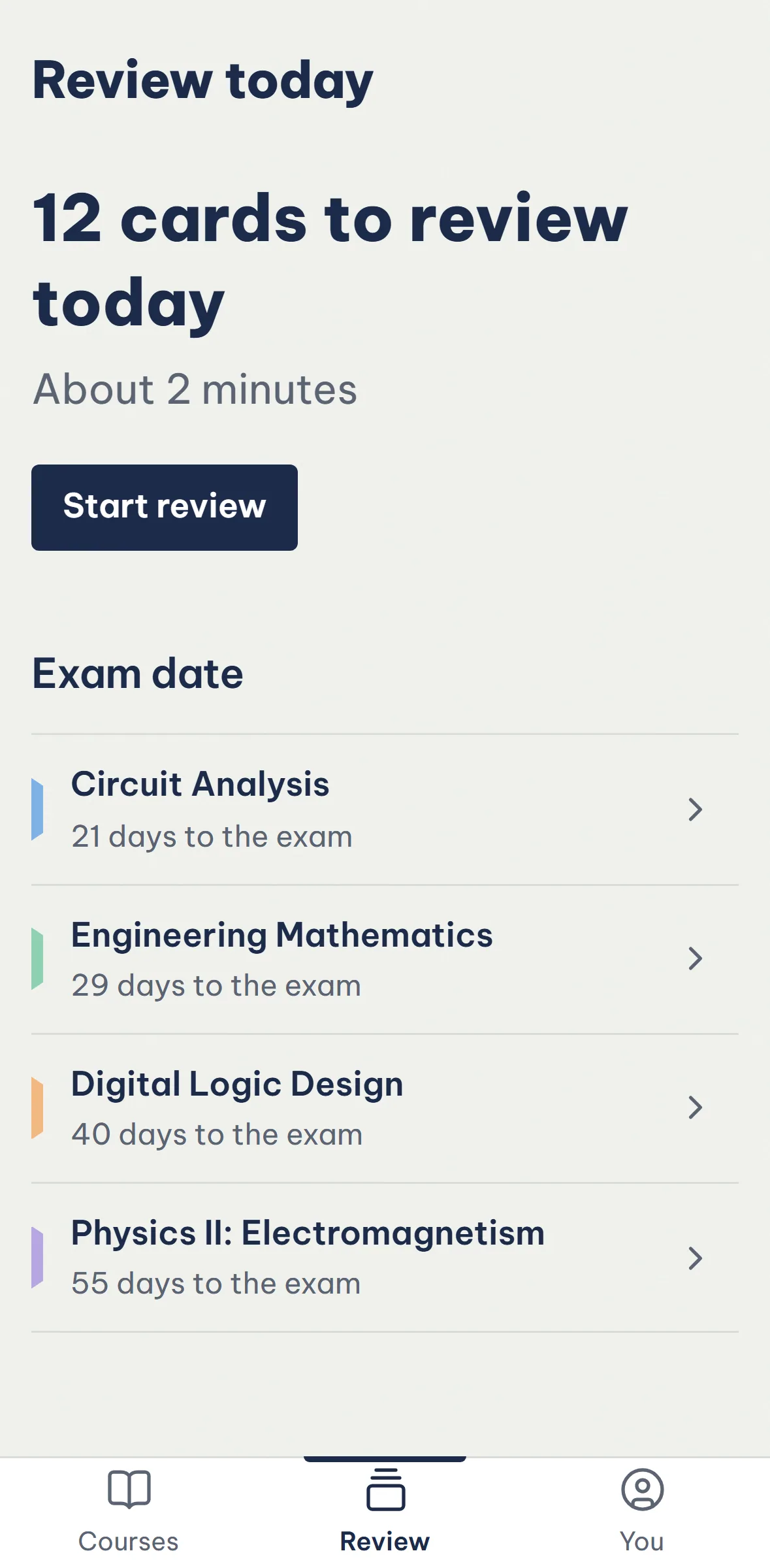 BanDoc's today screen: cards due today and the courses.