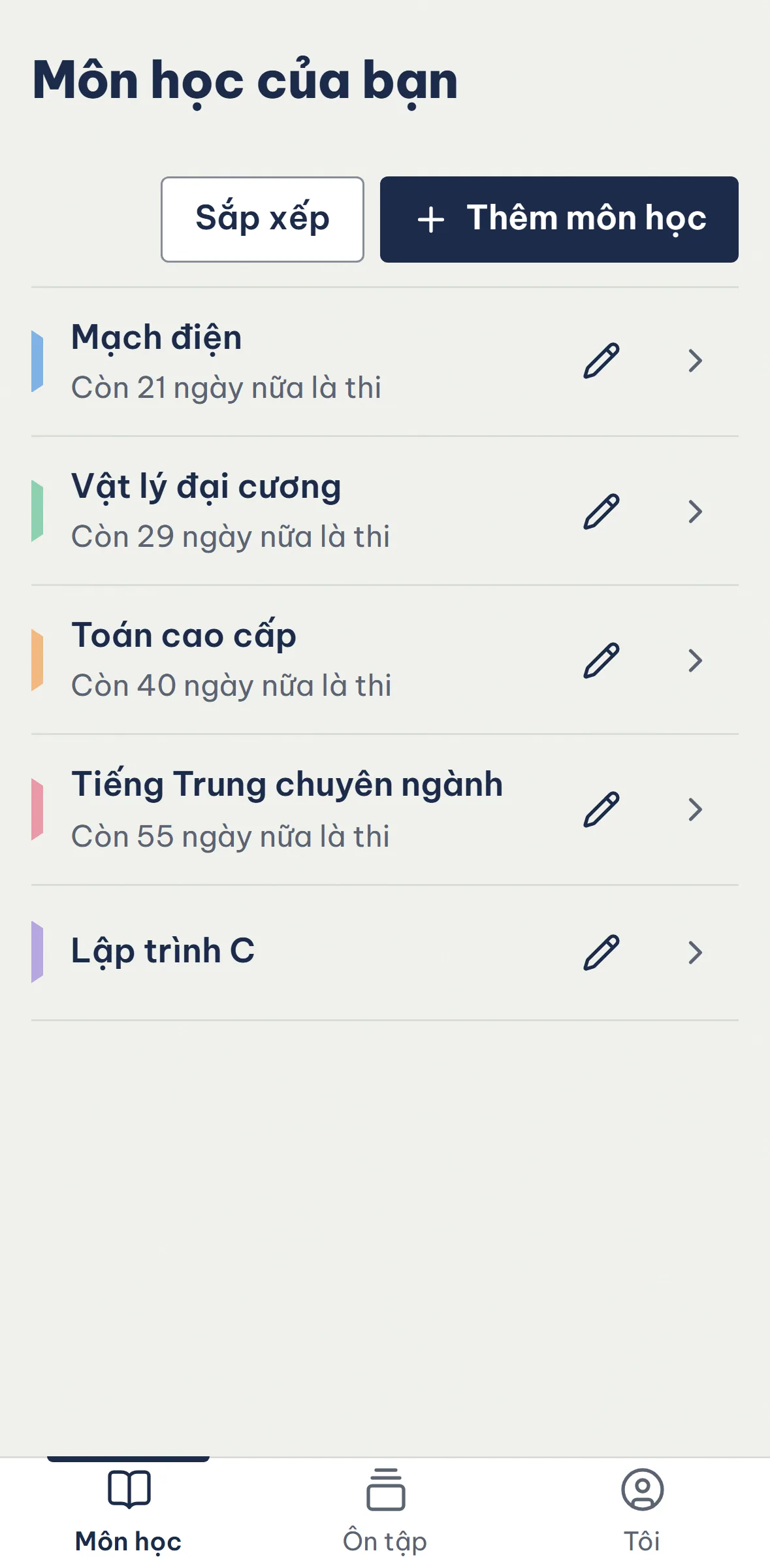 Màn hình Ôn hôm nay của BanDoc: số thẻ cần ôn và danh sách môn học.