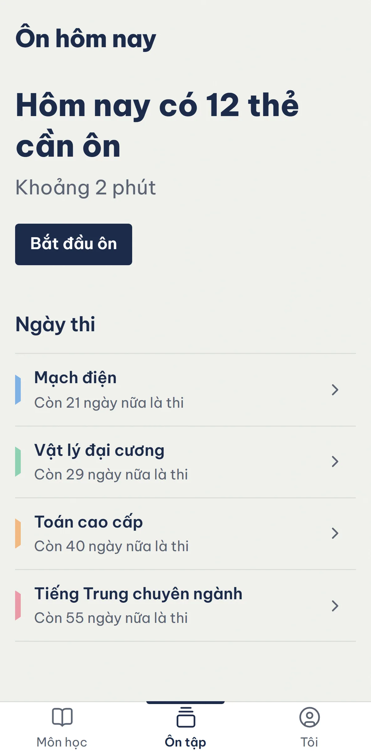Màn hình Ôn hôm nay của BanDoc: số thẻ cần ôn và danh sách môn học.