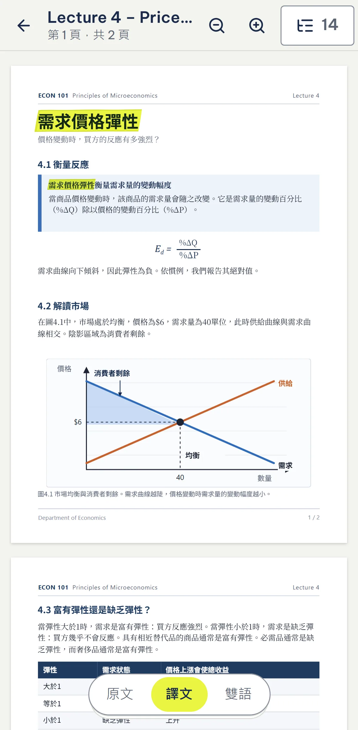 手機上的伴讀：一份英文個體經濟學講義，繁體中文譯文疊在原本的位置。